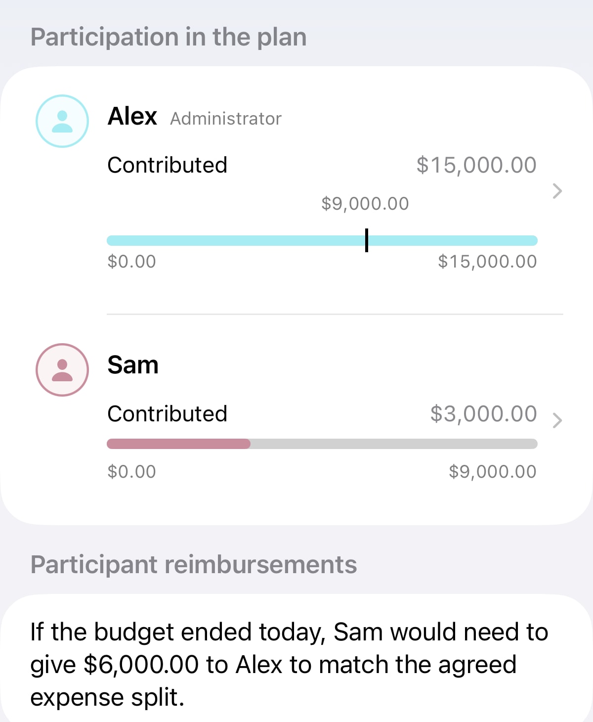 Shared budget: progress and comparison of paid and assigned amounts per participant. Demonstration data.